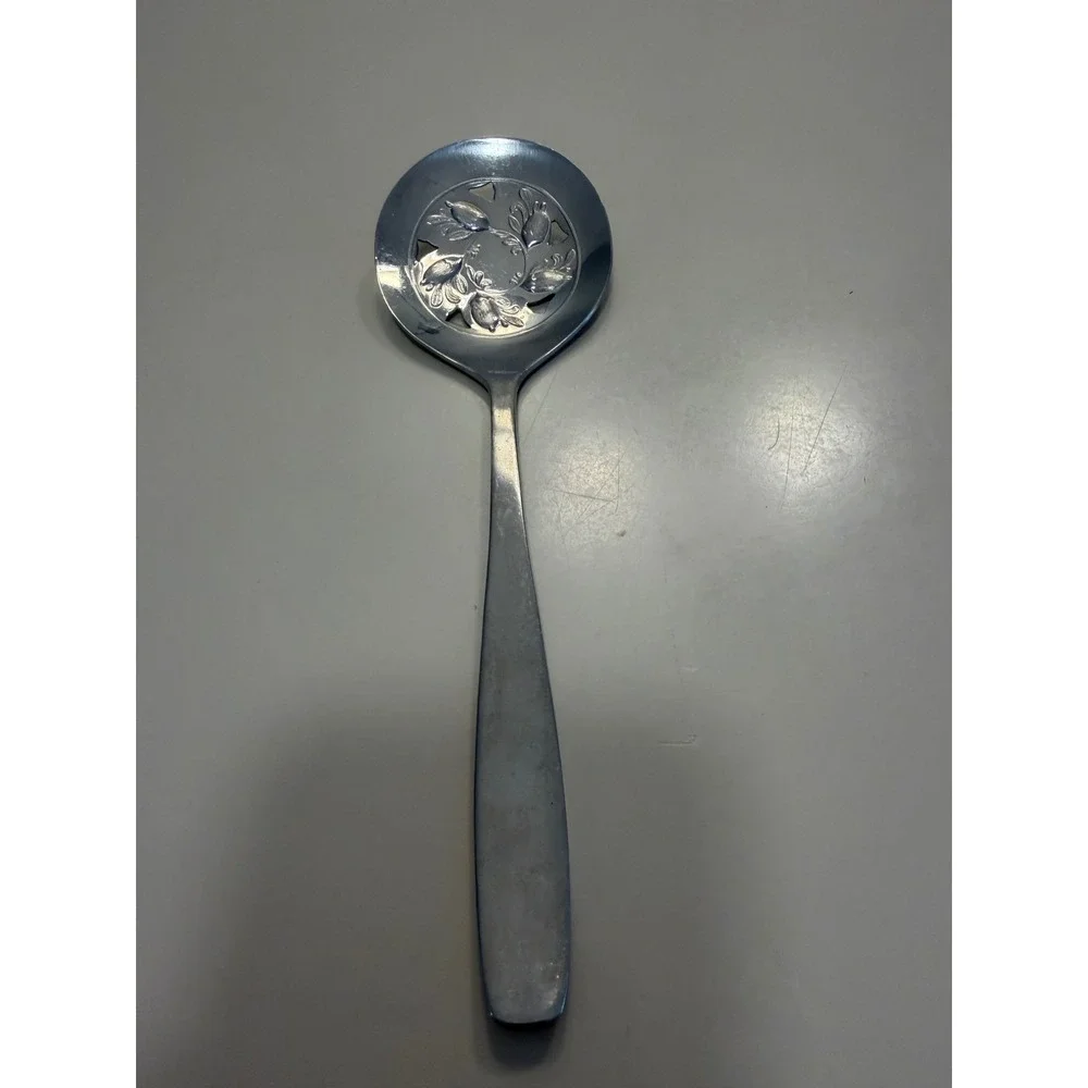 Vintage Stainless Steel Pierced Tomato Server Floral Embossed Serving Spoon